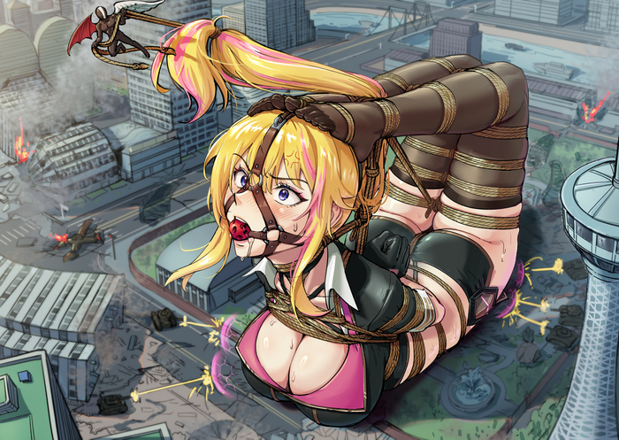 Bondage on a giantess - 18+, Giantess, Anime art, Town, Destruction, Bondage, BDSM, Erotic, Superheroes, Weapon, Fetishism, NSFW