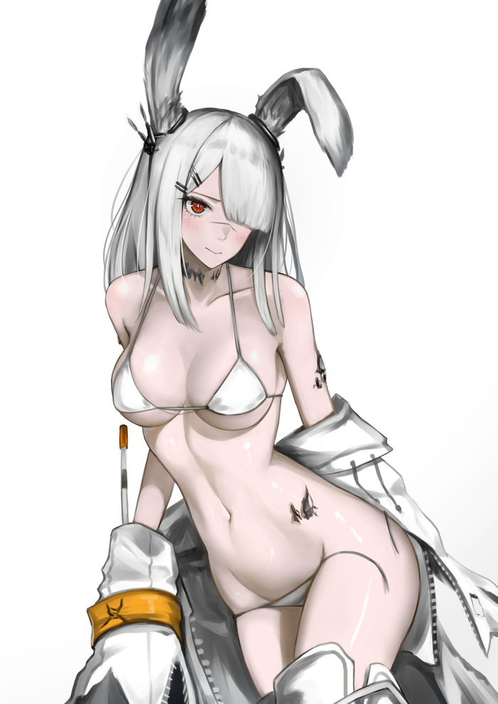 White Bunny - 18+, Anime art, Anime, Arknights, Frostnova, Animal ears, Bikini, Swimsuit, NSFW
