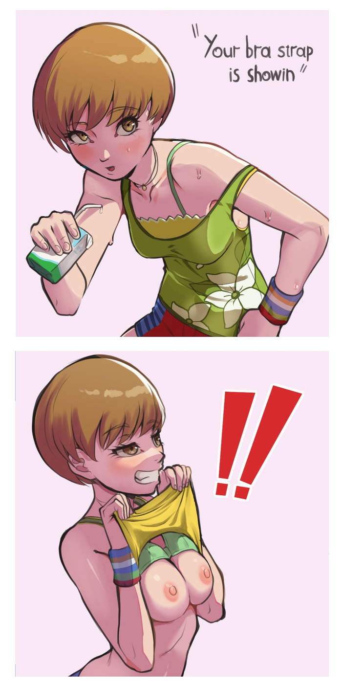 Your strap is sticking out. - 18+, Anime art, Anime, Games, Persona, Persona 4, Chie Satonaka, NSFW