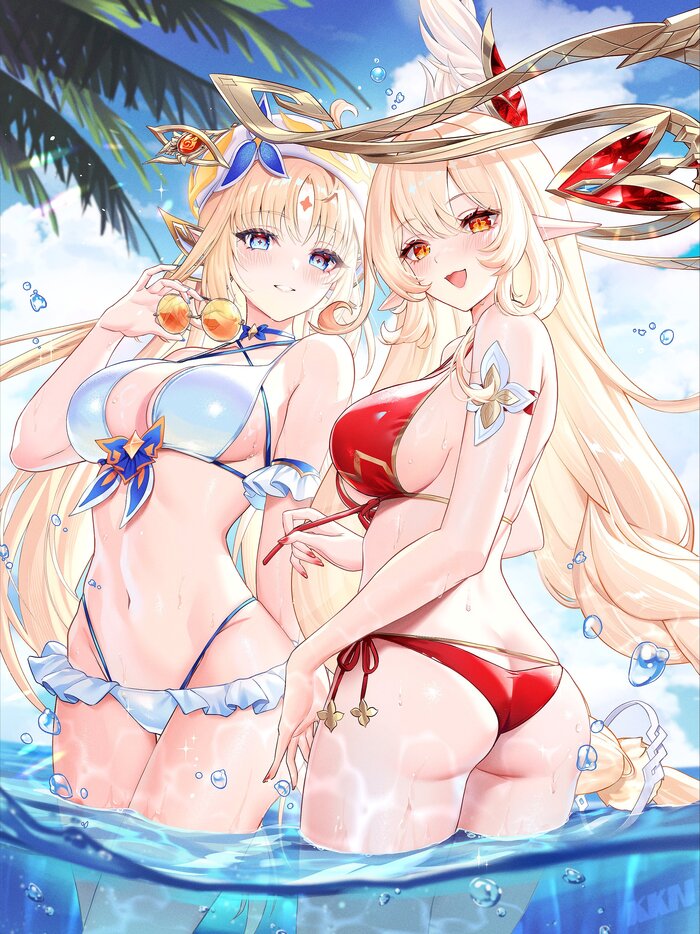 Continuation of the post Beach Witches - 18+, Genshin impact, Anime art, Art, Erotic, Hand-drawn erotica, Lalazyt, Nicole Reeyn (Genshin Impact), Alice (Genshin Impact), Boobs, Booty, Swimsuit, Reply to post, NSFW