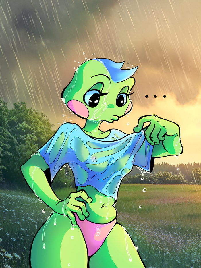 In the Urals it's damp, wet and... - Series Zhabovoe, 18+, My, Frogs, It Is Wednesday My Dudes, Wednesday, Toad, Art, Drawing, Illustrations, Digital drawing, Ibispaint, Rain, NSFW
