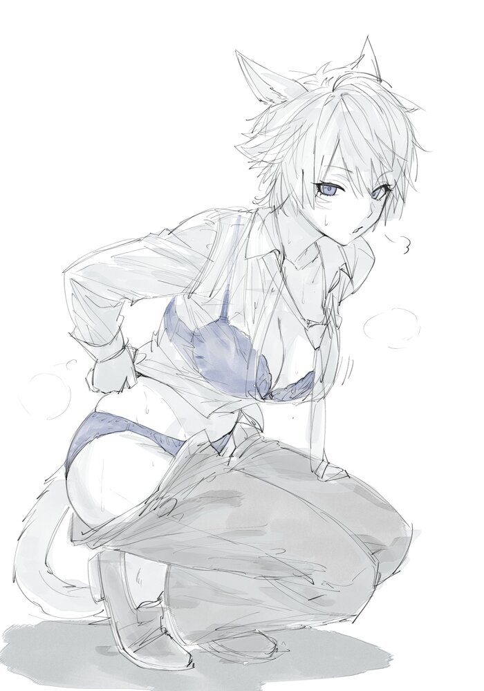 Is he getting dressed? Is he undressing? I don't know. - Series Eared, 18+, Anime, Anime art, Original character, Miqote, Tail, Animal ears, Final fantasy xiv, NSFW