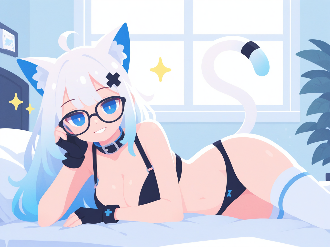 White - 18+, My, Neural Network Content, Neural network art, Anime, Stable diffusion, Sdxl, Colorful hair, Blue eyes, White hair, Neko, Ears, Tail, Bra, Boobs, Stockings, Choker, Longpost, NSFW