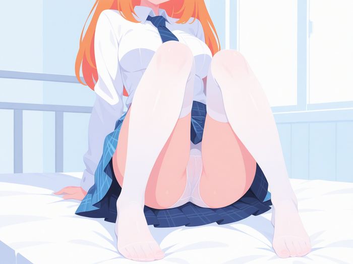 Very thin - 18+, My, Neural Network Content, Neural network art, Anime, Stable diffusion, Sdxl, Redheads, Bra, Without bra, Boobs, Booty, Cameltoe, Underpants, Mini skirt, Skirt, Shirt, Stockings, Longpost, NSFW