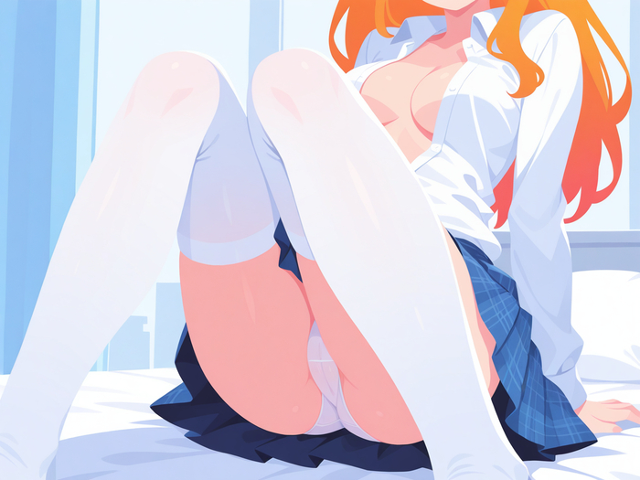Very thin - 18+, My, Neural Network Content, Neural network art, Anime, Stable diffusion, Sdxl, Redheads, Bra, Without bra, Boobs, Booty, Cameltoe, Underpants, Mini skirt, Skirt, Shirt, Stockings, Longpost, NSFW