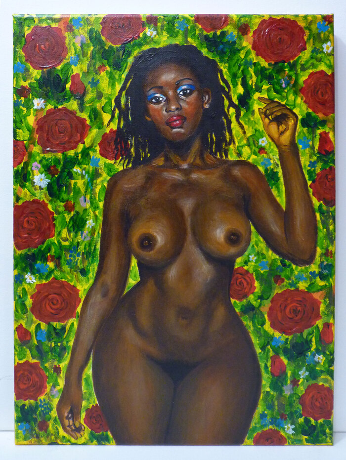 Painting Makena, acrylic on canvas - 18+, My, Acrylic, Author's painting, Painting, Erotic, Art, Painting, Canvas, Realism, Girls, Black people, Women, Strawberry, NSFW