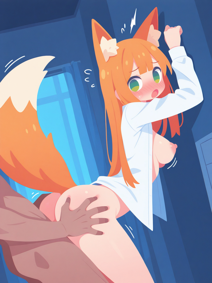 Pressed - 18+, My, Neural Network Content, Neural network art, Anime, Stable diffusion, Sdxl, Colorful hair, Embarrassment, Boobs, Nipples, Booty, Neko, Ears, Tail, Shirt, Redheads, NSFW