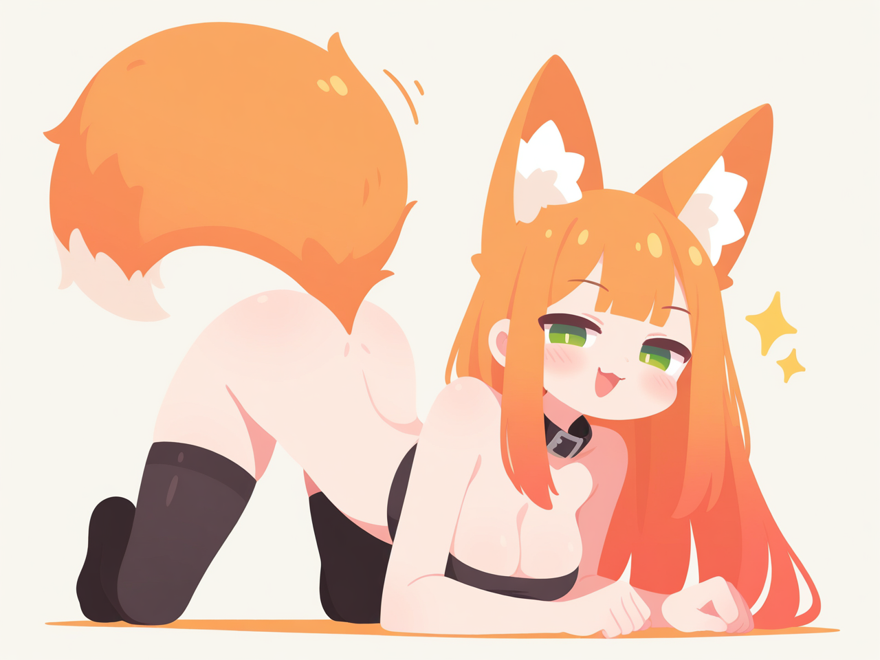 Meow - 18+, My, Neural Network Content, Neural network art, Anime, Stable diffusion, Sdxl, Colorful hair, Redheads, Topic, Stockings, Boobs, Neko, Ears, Tail, Choker, Green eyes, NSFW