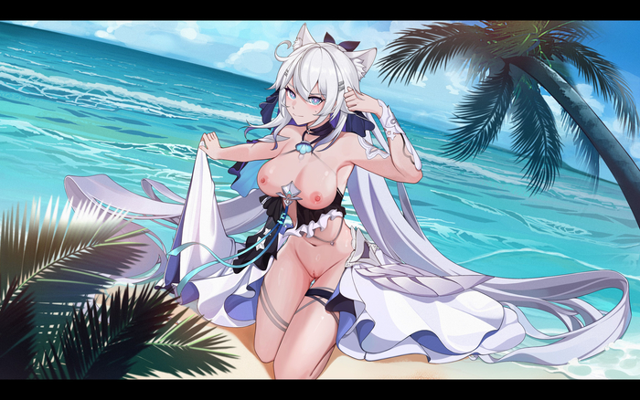 Kiana - 18+, Anime art, Anime, Honkai Impact, Kiana kaslana, Hand-drawn erotica, Animal ears, Sea, Palm trees, NSFW