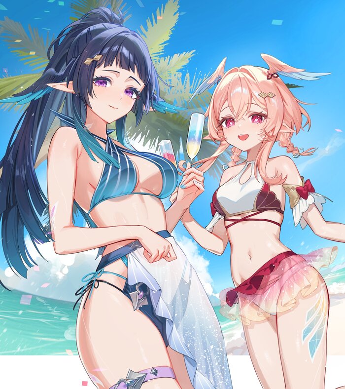 Sisters on the beach - 18+, Genshin impact, Anime art, Art, Erotic, Hand-drawn erotica, Linnea (genshin impact), Boobs, Swimsuit, Navel, NSFW
