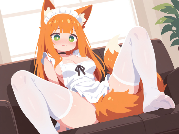 Do I really have to sit like this? - 18+, My, Neural Network Content, Neural network art, Stable diffusion, Anime, Sdxl, Redheads, Neko, Tail, Anime art, Animal ears, Embarrassment, Choker, Stockings, Feet, Housemaid, Green eyes, NSFW