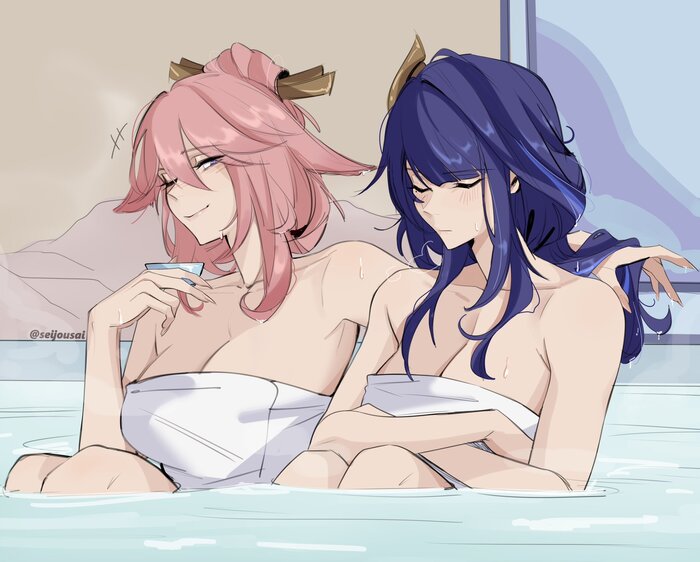 Don't peek! The shogun is in a bad mood today because of the heat. Or would you like to share a cup of sake with us? - 18+, Anime, Anime art, Yae Miko (Genshin Impact), Raiden Shogun (Genshin Impact), Genshin impact, NSFW