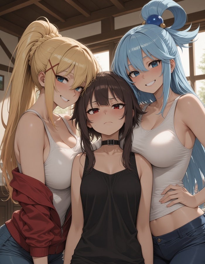 The weight of the problems that have piled up - Series Konosuba, 18+, Neural Network Content, Anime, Anime art, Konosuba, Darkness, Megumin, Aqua, NSFW