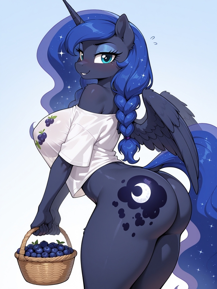 Eat some blueberries - Series Neuropony art, 18+, Neural Network Content, My little pony, Anthro, Neural network art, MLP Suggestive, Princess luna, Big size, Blueberry, Bikini, Evening Dress, NSFW