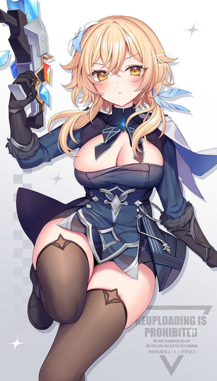 Lumine - 18+, Genshin impact, Anime art, Art, Erotic, Hand-drawn erotica, Lumine (Genshin Impact), Extra thicc, Boobs, Hips, Stockings, NSFW