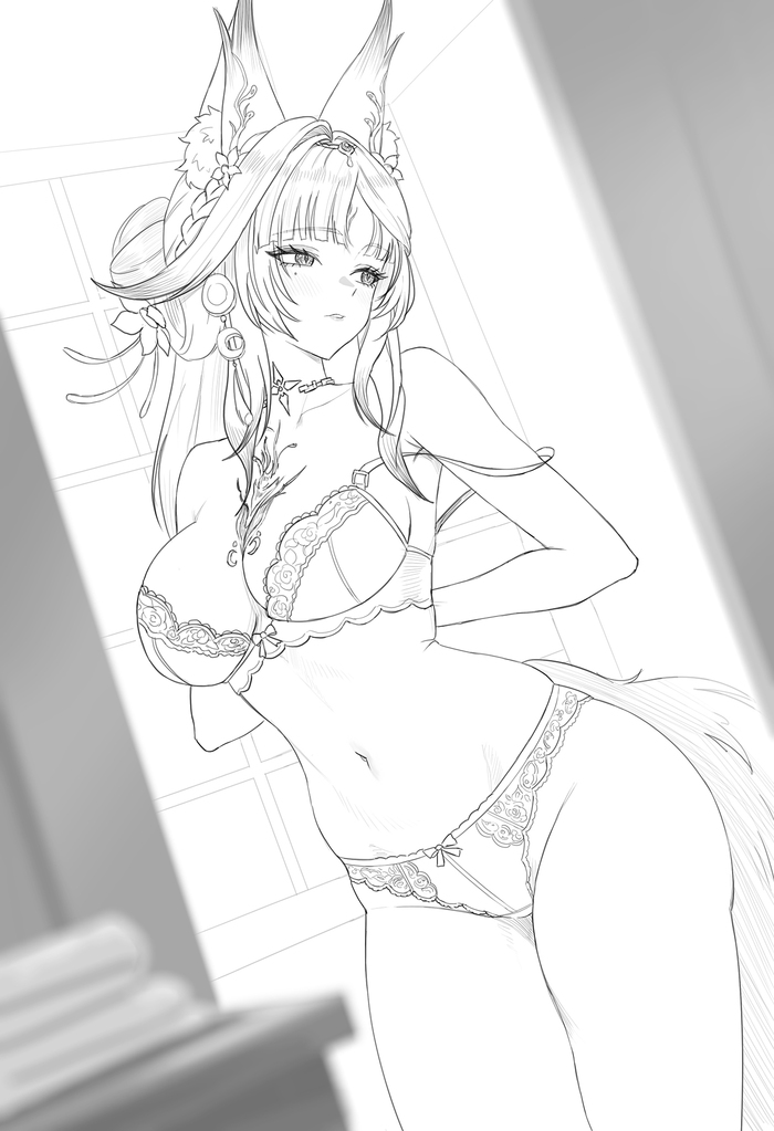 Hsin - 18+, Anime art, Wuthering Waves, Hsin (Wuthering Waves), Animal ears, Underwear, Black and white, NSFW