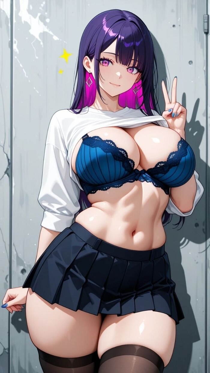 Short skirt - 18+, My, Neural Network Content, Hand-drawn erotica, Anime, Anime art, Original character, Boobs, Booty, Thong, Upskirt, Mini skirt, Purple hair, Sexuality, Vulgarity, Longpost, Stockings, Underwear, NSFW