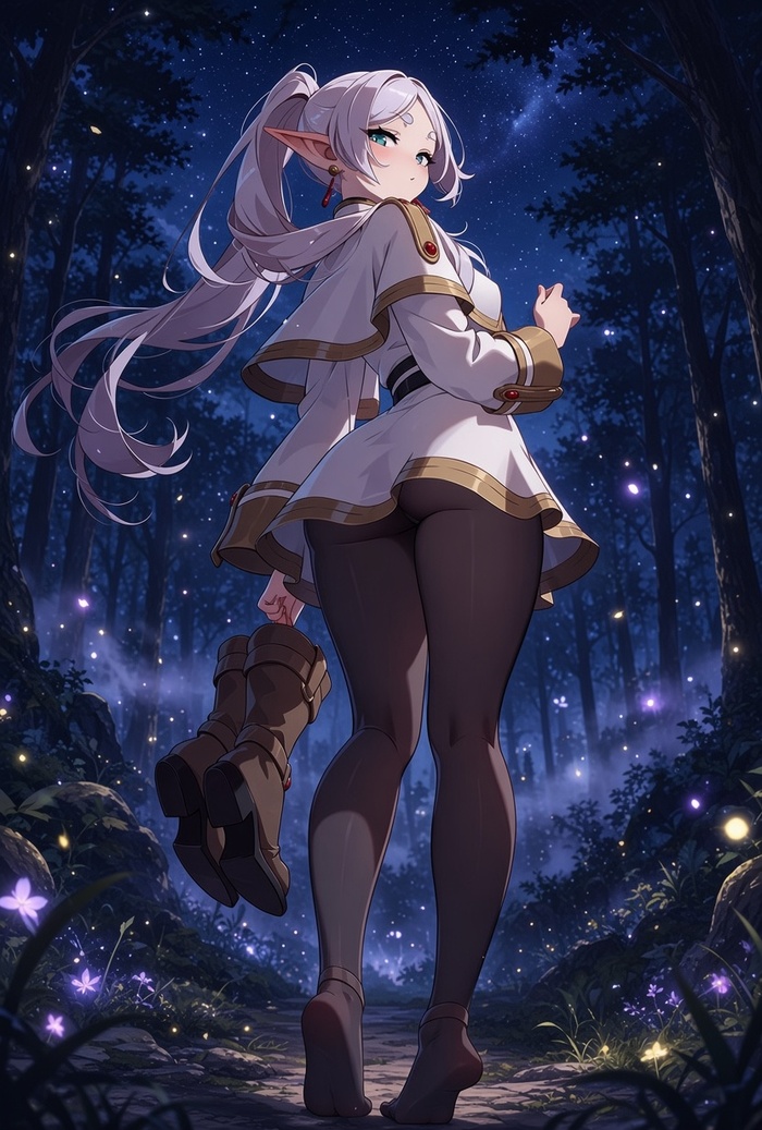 Night Fairy Tale - Series Frieren, 18+, Neural Network Content, Anime, Anime art, Sousou no Frieren, Frieren, Night, Forest, Elves, Legs, NSFW