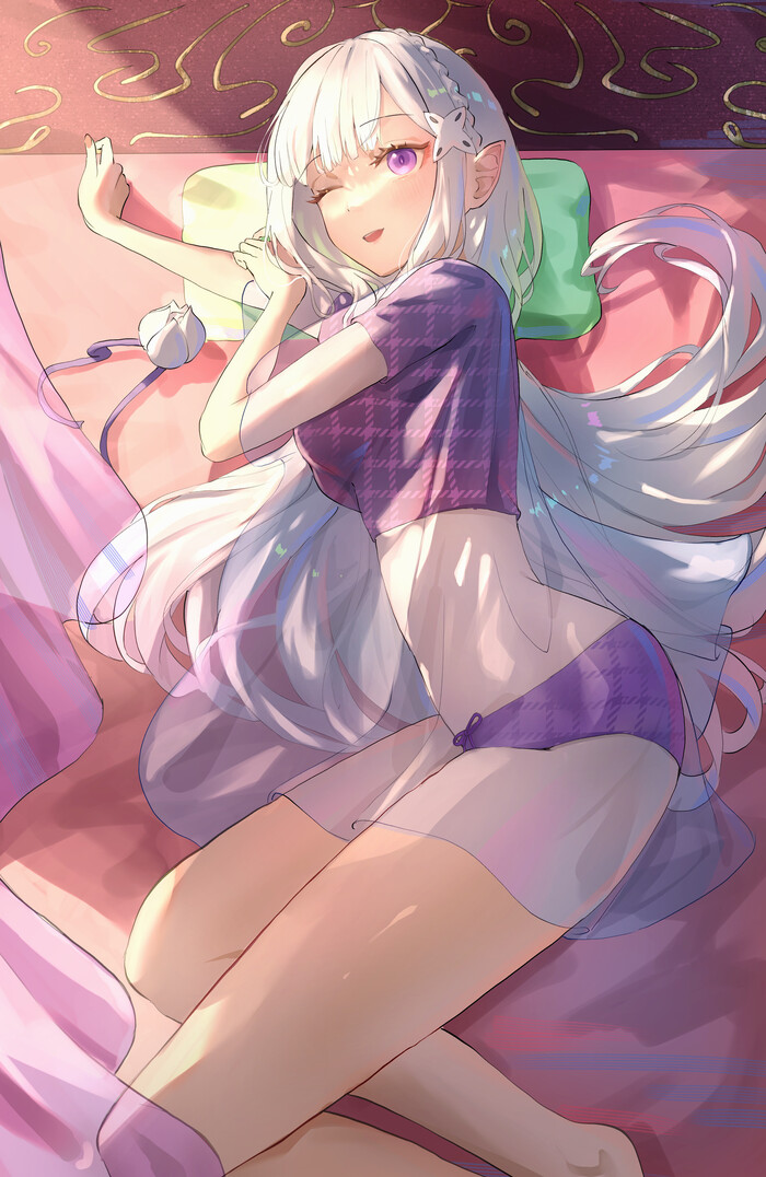 Good morning with Emilia - 18+, Pixiv, Anime, Anime art, Elves, Emilia, Re: Zero Kara, NSFW