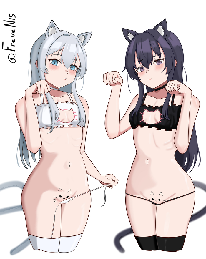 Cute Hibiki and Akatsuki - 18+, My, Anime art, Anime, Art, Kantai collection, Hibiki, Akatsuki, Tail, Stockings, Pantsu, Cat Day, Neko, NSFW