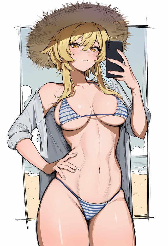 Lyuminka - 18+, Genshin impact, Anime art, Art, Erotic, Hand-drawn erotica, Lumine (Genshin Impact), Swimsuit, Boobs, Navel, Beach, Straw hat, NSFW