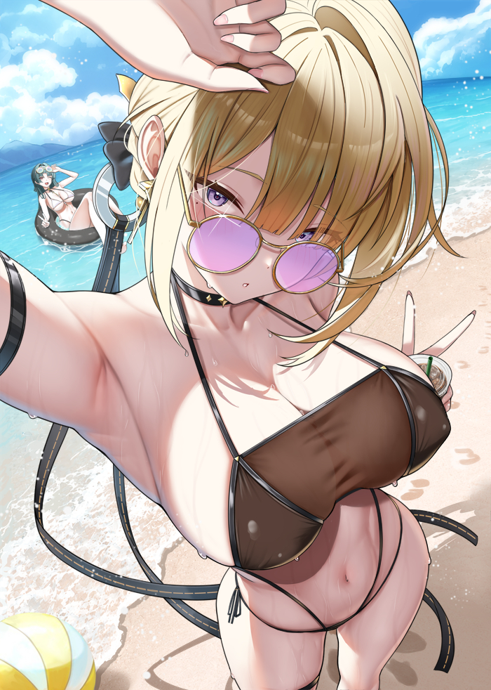 Evelyn - 18+, Anime art, Zenless Zone Zero, Evelyn Chevalier (zzz), Astra Yao (zzz), Bikini, Sea, Beach, NSFW