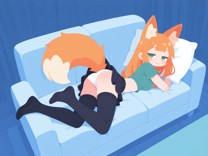 I was waiting - 18+, My, Neural Network Content, Neural network art, Anime, Stable diffusion, Sdxl, Neko, Redheads, Booty, Tail, Ears, Lies, Stockings, Skirt, Mini skirt, NSFW