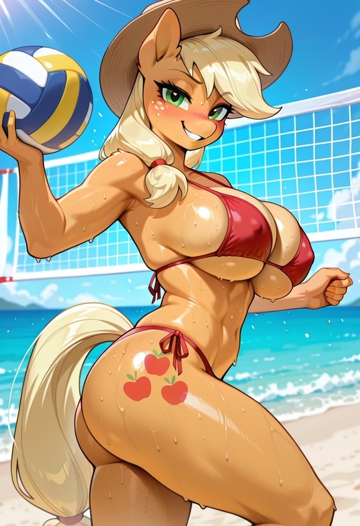 Apples - Series Neuropony art, 18+, Neural Network Content, My little pony, Anthro, Neural network art, MLP Suggestive, Applejack, Cowboy hat, Big size, Underwear, Muscleart, Latex, NSFW