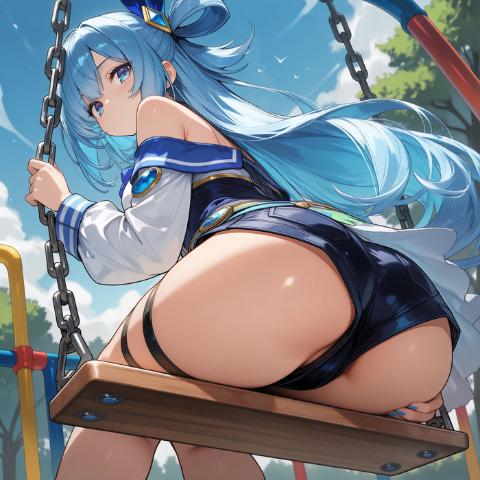 Aqua and swings - 18+, Neural Network Content, Girls, Anime, Anime art, Neural network art, Konosuba, Aqua, Swing, Booty, Longpost, NSFW