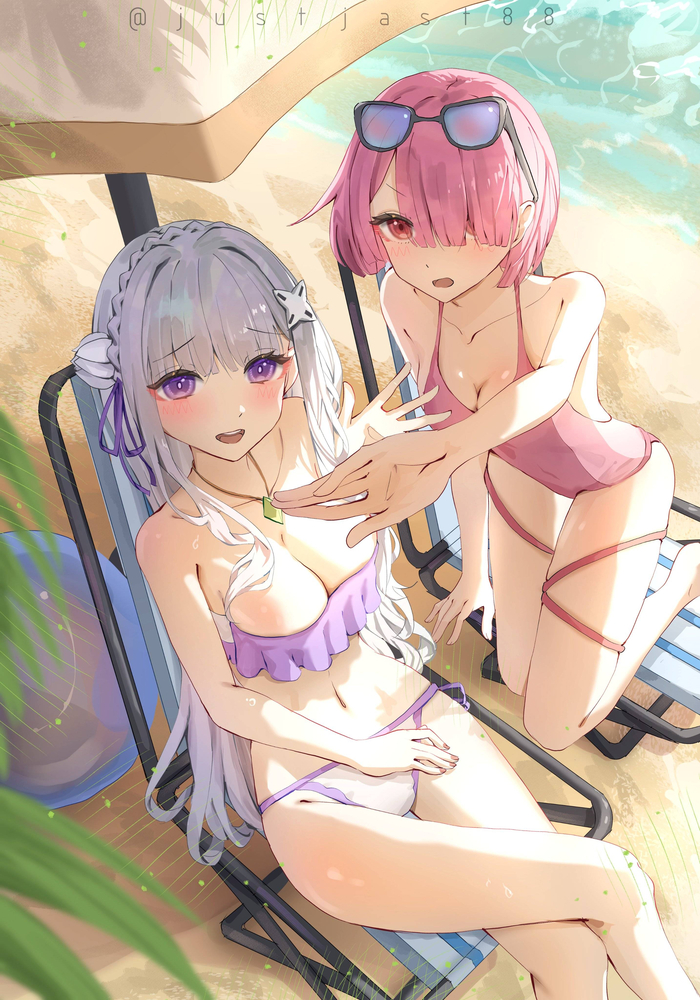 Emilia and Ram - 18+, Anime art, Anime, Re: Zero Kara, Emilia, Ram (Re: Zero Kara), NSFW