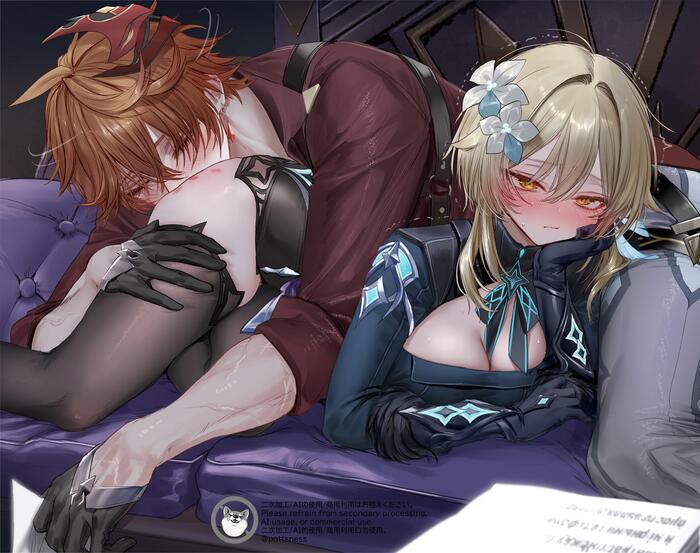 Bite-bite! - 18+, Genshin impact, Anime art, Art, Erotic, Hand-drawn erotica, Lumine (Genshin Impact), Tartaglia (Genshin Impact), Booty, Boobs, Pottsness, NSFW