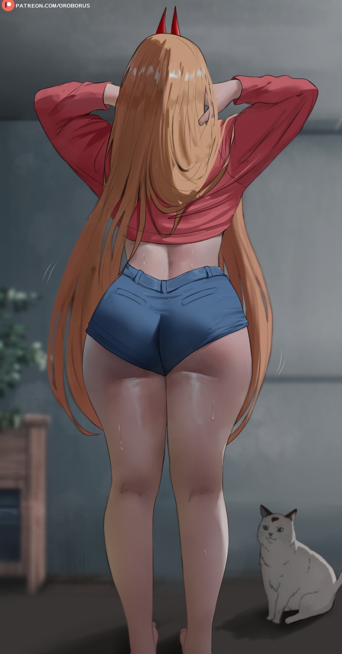 She ate all the meat in the house again. - 18+, Oroborus, Art, Anime, Anime art, Hand-drawn erotica, Erotic, Chainsaw man, Power (Chainsaw Man), Extra thicc, Girl with Horns, cat, NSFW