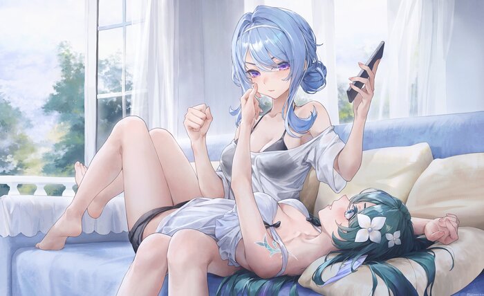 Girlfriends - 18+, Genshin impact, Anime art, Art, Hand-drawn erotica, Erotic, Odette (Genshin Impact), Vodyanitsa (Genshin Impact), Boobs, Swimsuit, NSFW