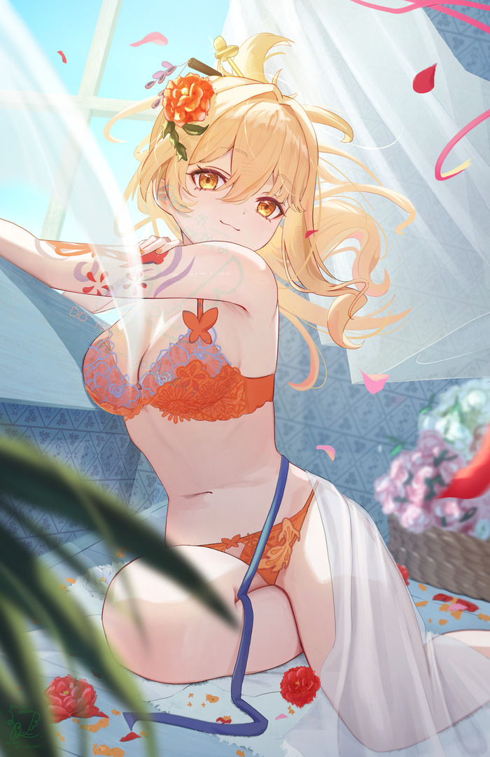 Yoimiya - 18+, Genshin impact, Anime art, Art, Erotic, Hand-drawn erotica, Yoimiya (Genshin Impact), Boobs, Swimsuit, NSFW