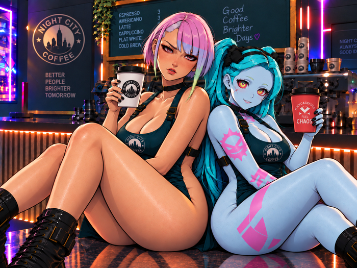 Left or right? - Series Cafe, 18+, My, Neural Network Content, Art, Erotic, Cyberpunk: Edgerunners, Cyberpunk 2077, Lucy (Edgerunners), Rebecca (Edgerunners), Boobs, Legs, Cafe, NSFW