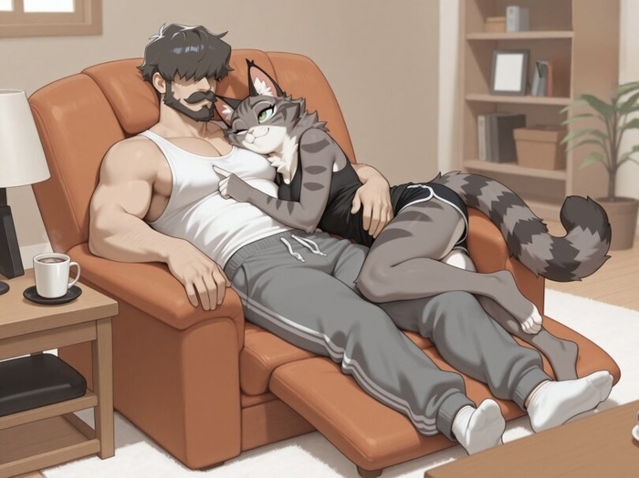 Enough anime, let's go to bed - 18+, Neural Network Content, Furry, Furry art, Neural network art, Furry cat, Anthro, Furry feline, NSFW