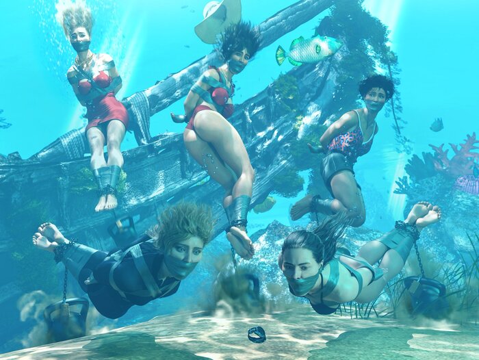 Who will you save first, Mr. Bond? - 18+, Art, 3D, Games, 007 First Light, James Bond, Girls, BDSM, Bondage, Scotch, Fetishism, Ocean, Ocean Floor, A desperate situation, Wrist Watch, Гаджеты, Bikini, Erotic, NSFW