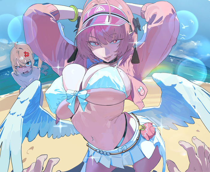 Angel on vacation - 18+, Hinto, Art, Anime, Anime art, Hand-drawn erotica, Erotic, Zenless Zone Zero, Ramiel (zzz), Lucy (Zenless Zone Zero), Games, Game art, Extra thicc, Swimsuit, NSFW