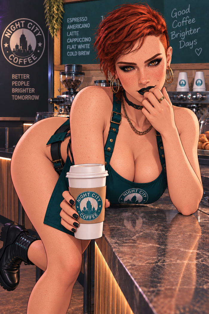 Would you like coffee or me? - Series Cafe, 18+, My, Neural Network Content, Art, Erotic, Cyberpunk 2077, Aurora Cassel, Apron, Boobs, Hips, Cafe, NSFW