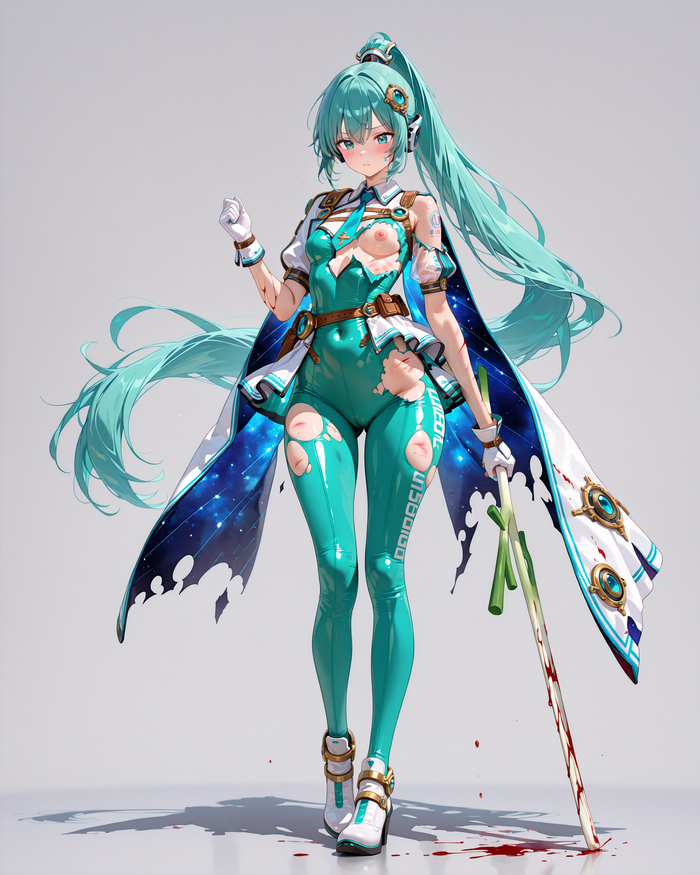 Hatsune Eve - 18+, My, Neural Network Content, Hatsune Miku, Eve (Stellar Blade), Anime art, Onion, Sword, Cosplay art, Boobs, Blood, NSFW