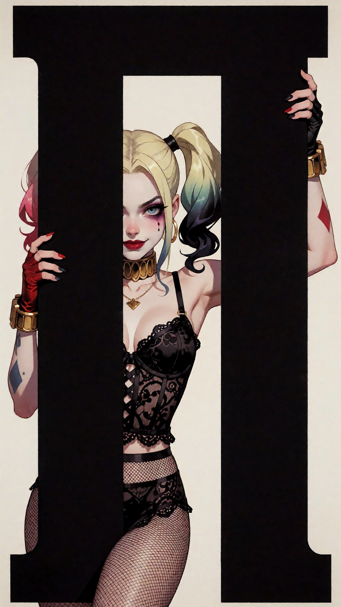 Pikabu - 18+, My, Neural Network Content, Neural network art, Art, Colorful hair, Boobs, Harley quinn, Anime art, Anime, Stockings, Longpost, NSFW