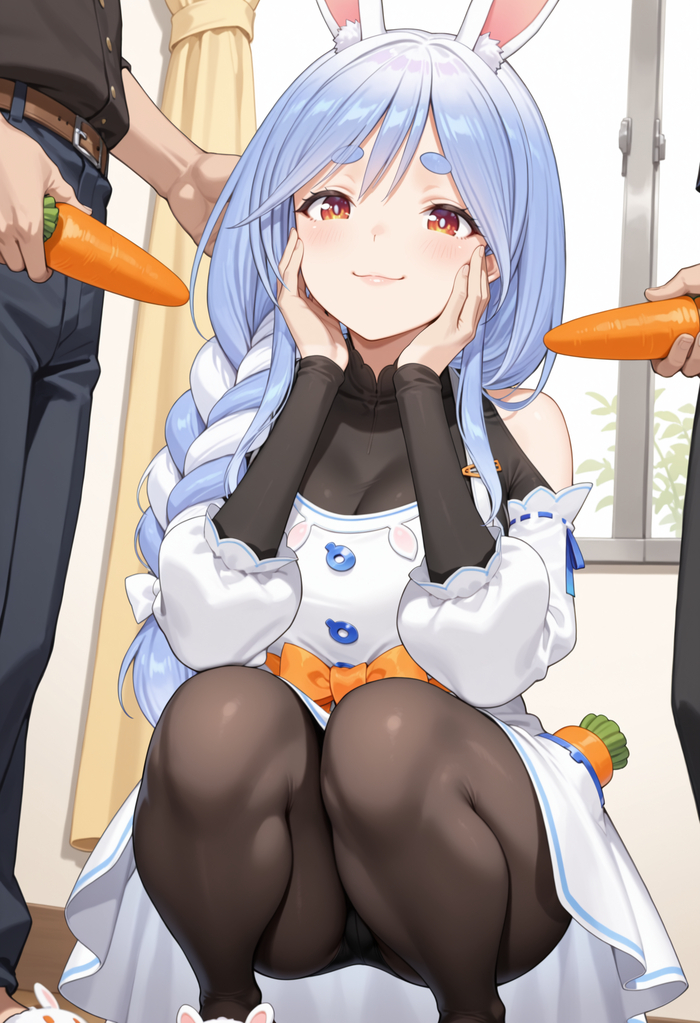 Can't resist carrots - 18+, My, Neural Network Content, Anime, Anime art, Stable diffusion, Neural network art, Colorful hair, Pekomama, Red eyes, Virtual youtuber, Longpost, NSFW